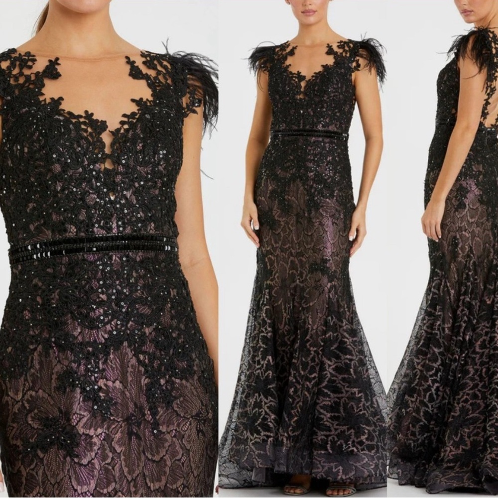 MAC DUGGAL Womens Black Faux-feather Full-Length Formal Mermaid Dress